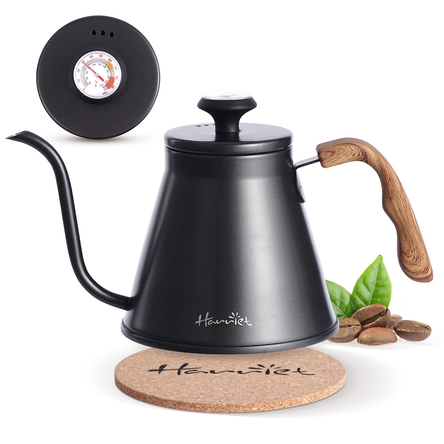 Photo 1 of Harriet Gooseneck Kettle with Thermometer for Pour Over Coffee and Tea, 37 fl oz, Stainless Steel, Durable 3-Layer Base, Ideal Spout for Precision Pouring, Compatible with all Stove Tops, Black