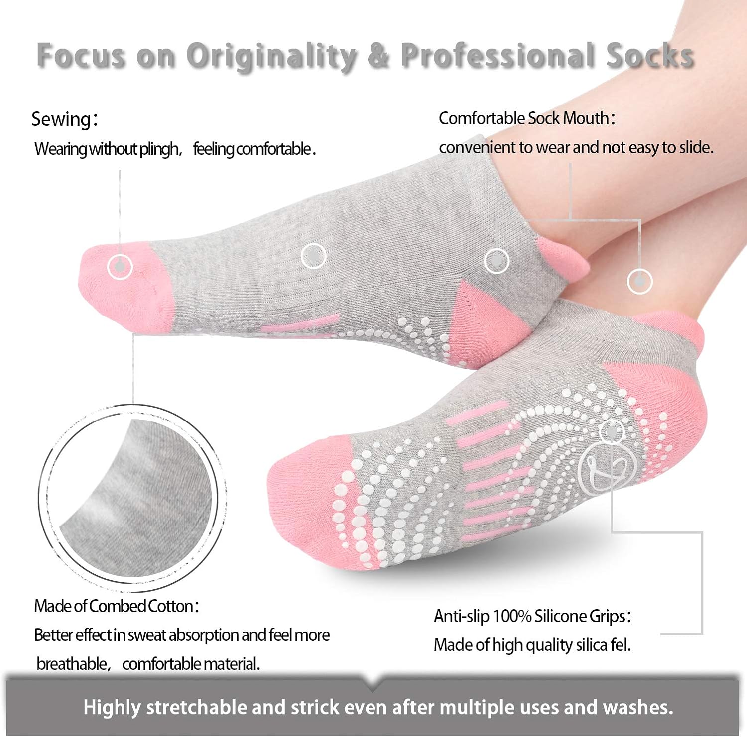 6 Pairs Yoga Socks for Women Non-Slip Grips Anti-Skid Pilates, Barre, Bikram Fitness Socks Size 5-10 (C-6pair(6grey,color)): Clothing