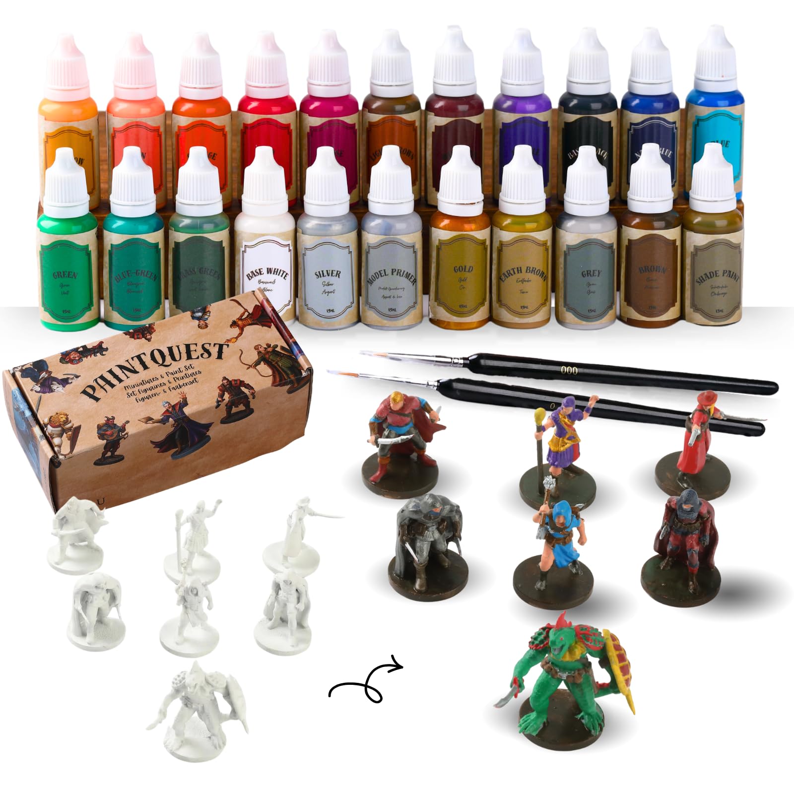 Acrylic Miniature Paint Kit-22 Waterbase Model Paint Beginner Set incl Metallic Gold&Silver Shade Brush-On Primer 7 NPC-BadGuys Figure Gift Man/Woman Painting Starter for DND War Hammer40K TTRPG — image 1