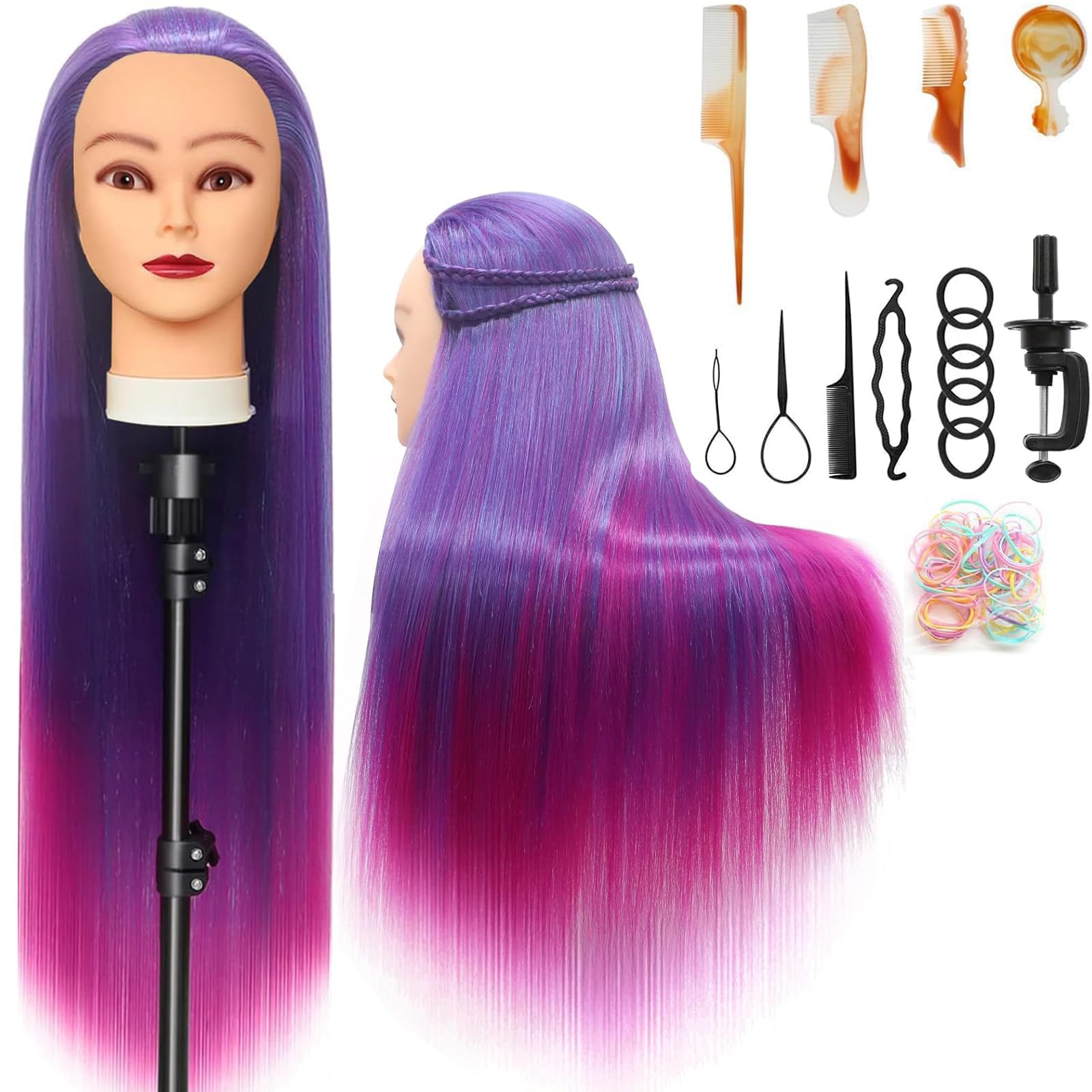 Training Head, 28 inch Styling Head 100% Synthetic Fibres Hairdressing Head Hairdresser Training Heads with Free Clamp and DIY Braiding Set (Violet red)