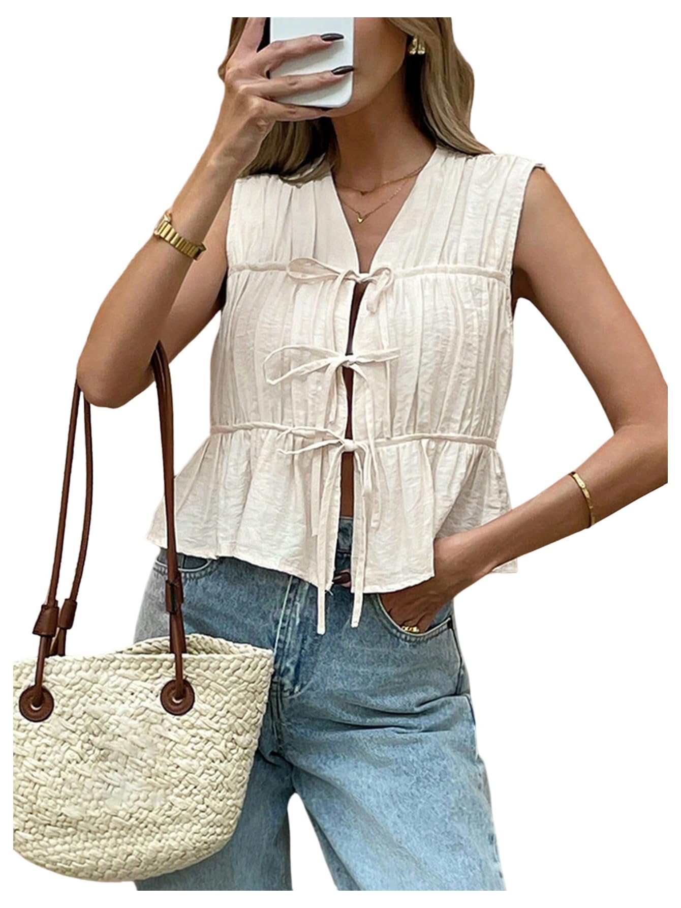 Photo 1 of SHENHE Women's Summer Bow Tie Front Peplum Ruffle Hem Pleated Crop Blouse Babydoll Top Shirt Apricot Medium