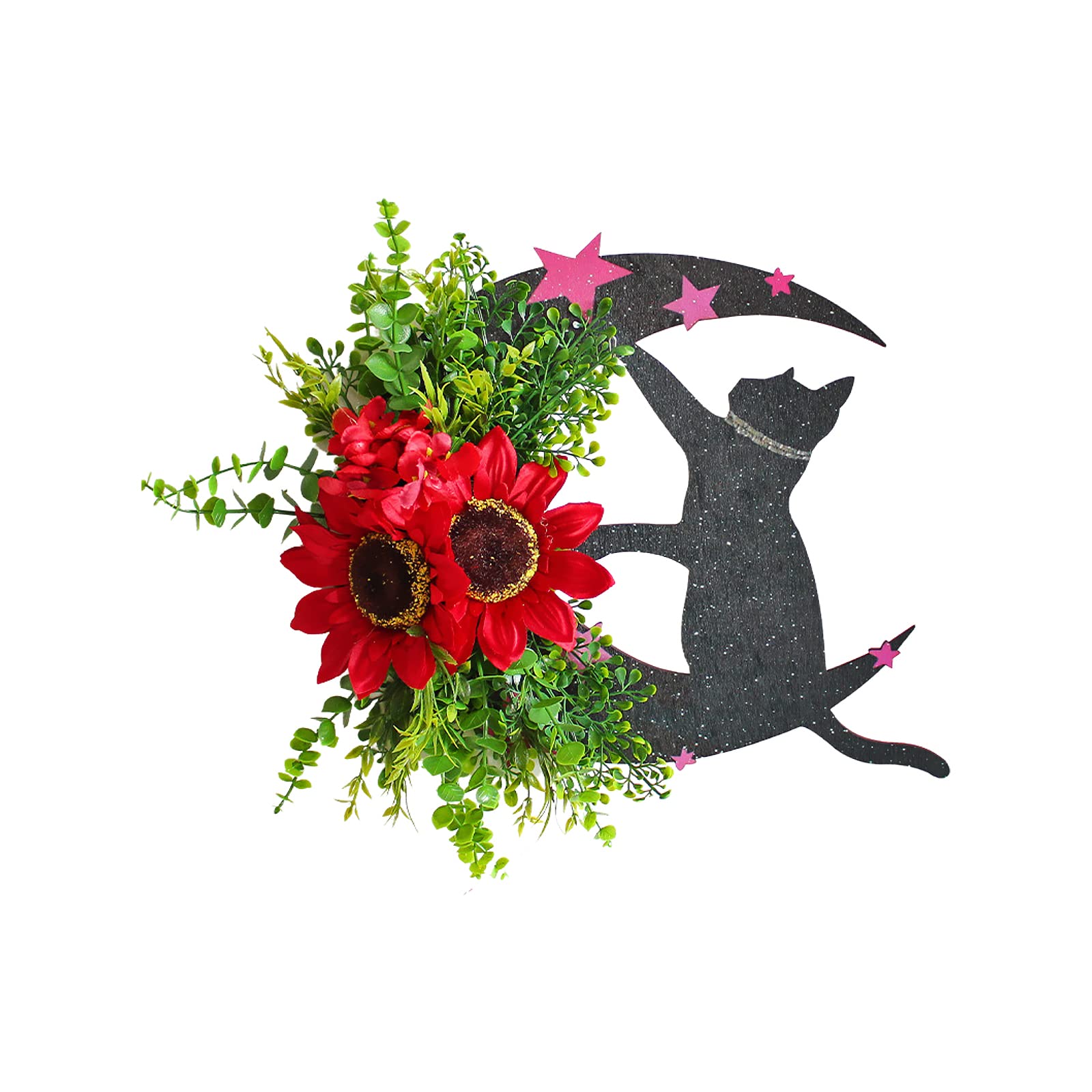 Liuyoyo Witchy Celestial Door, Art Halloween Lunar Decor Halloween Moon Cat Wreath Hanging Decor Cat Wreath Botanical Crescent Moon for Home