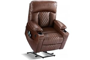 Eiayeebil Power Electric Lift Recliner Chair for Elderly,Dual Motor Lay Flat Leather Recliners with Heat and Massage,Infinite Position with Extended Footrest&Cupholder, USB & Type C Ports(Brown)