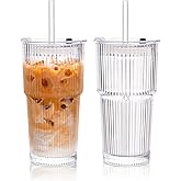 KEMORELA 2-Pack 20 oz Ribbed Glass Tumblers with Lids and Glass Straws – Vintage Iced Coffee Cups, Reusable Smoothie & Cocktail Drinking Glasses, Clear Glassware for Home or Cafe