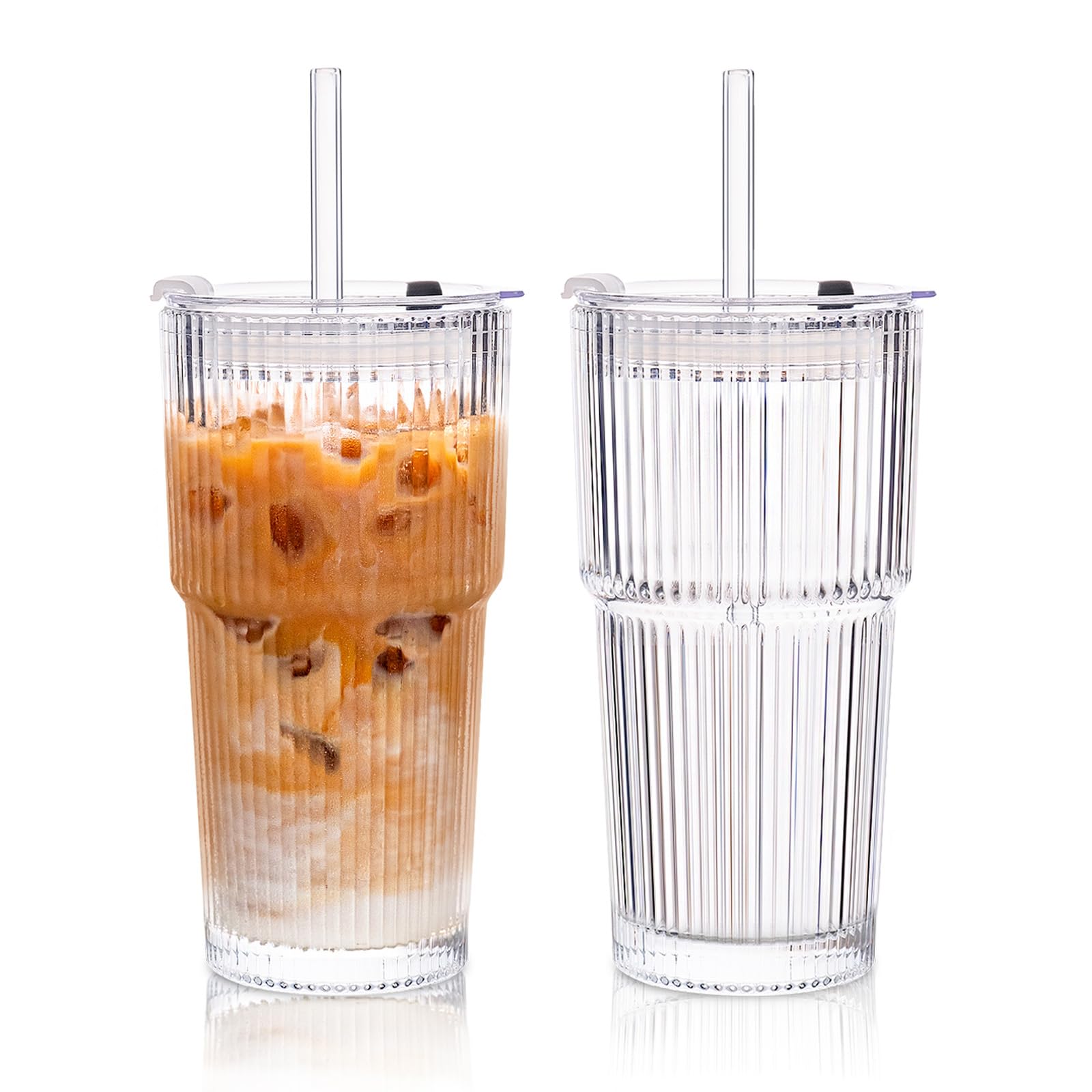 Photo 1 of * one of the straws is broken *
KEMORELA 2-Pack Ribbed Glass Tumblers with Lids & Straws – Vintage Iced Coffee Cups, Reusable Smoothie & Cocktail Drinking Glasses, Clear Glassware for Home or Cafe