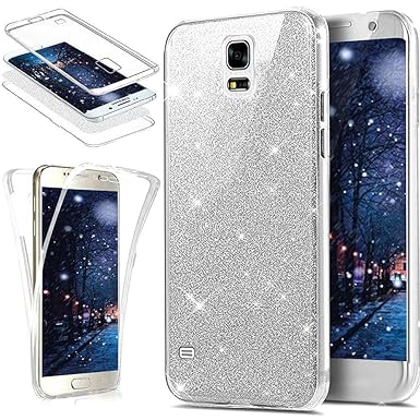 Kompatibel mit Galaxy S5 Hülle,Galaxy S5 Neo Hülle,Full-Body 360 Grad Bling Glänzend Glitzer Klar Durchsichtige TPU Silikon H