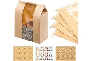 MOPKIUTR 60 Pack Large Kraft Paper Bread Loaf Bag with Tin Tie Tab Lock ，for Homemade Bread Loaf Bags 14" x 8.3" x 3.5"，Sourdough Bread Bags with Clear Front Window for Baked Food Packaging Storage. (60)