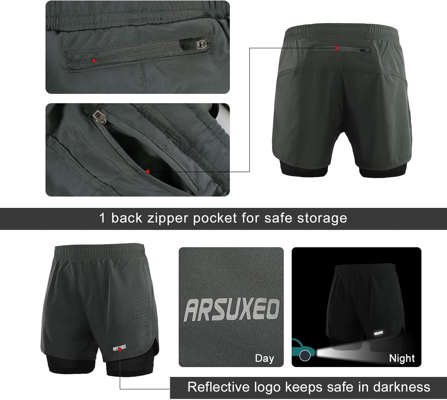 ARSUXEO Men's Active Training Running Shorts 2 in 1 : Clothing