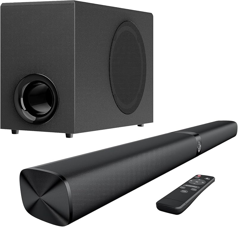 Soundbar mit Subwoofer, 110W Surround Sound System mit Deep Bass&Auto Volume Boost&3 EQ Modi, Bluetooth 5.3/ARC/Opt/AUX, Standlautsprecher für Fernseher/PC/Projector, 1 Set — Foto 1 von 8