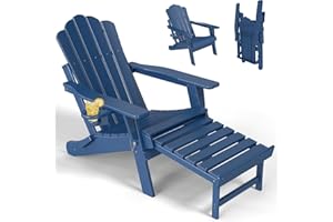 SOINMTY Adirondack Chair with Retractable Ottoman, Folding Adirondack Chair with Cup Holder, All Weather Outdoor Fire Pit Cha