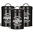 3 Piece Food Jars Canisters Sets, Airtight Coffee Container, Tea Organizer, And Sugar Canister, Rustic Farmhouse Decor for Kitchen Countertop (Black)