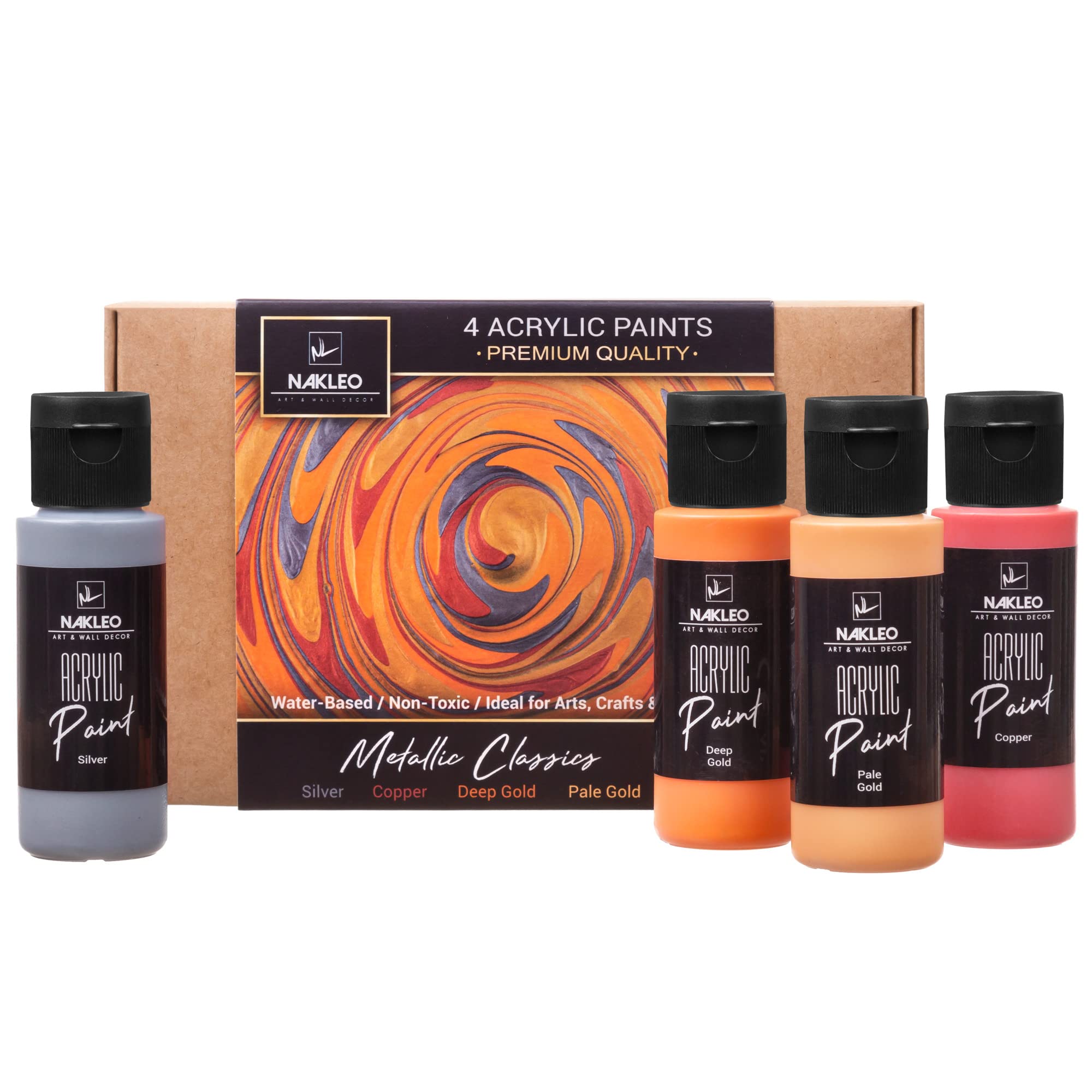 Nakleo Acrylic Paints Set, 4 Colours (60ml, 2oz) Metallic Classics Silver Copper Gold, Non-Toxic Water-Based Matte, Art and Craft Supplies DIY, Painting Stencils Wall Wood Canvas Paper Fabric Stone