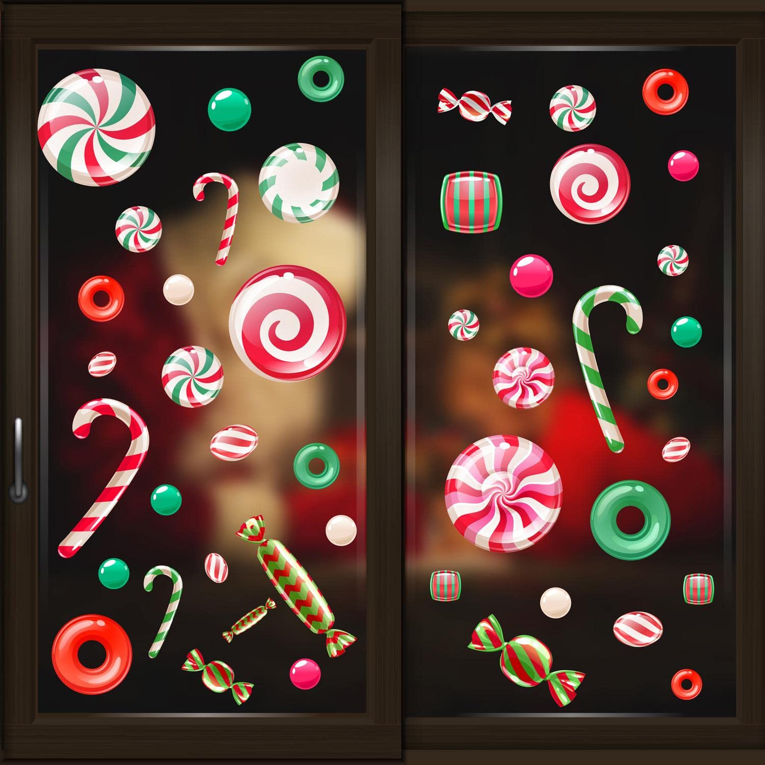 WALPLUS Christmas Window Decorations Reusable Christmas Decorations for Windows Double Sided Window Stickers Christmas Peppermint Candy and Sweets Christmas Window Stickers 46 Pieces