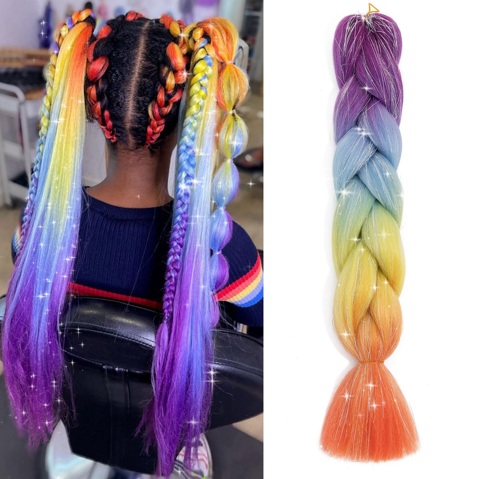 Benehair 24 Inches Braiding Hair Sparkly Braids Extensions Hair with Tinsel Mashup Colorful Synthetic Hair for Braid Hair Extensions for Women(Purple-Blue-Orange, 100g) — image 1