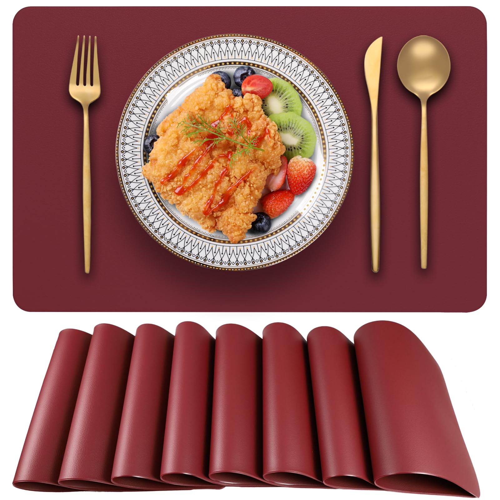 Blibalaskr PVC Heat Resistant Placemats Set of 8,Waterproof Wipeable Floor Place Mats,Non-Slip Easy Clean Table Mats for Kitchen Table Decor,12×18 Inch (Burgundy)
