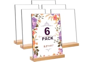 Daofary 6 Pack Acrylic Sign Holder 8.5 x 11 in, L/T Shape Clear Acrylic Frames Wood Base, Plastic Sign Holder Standing - Table Menu Display Stand for Restaurant