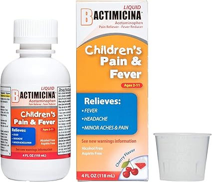 Amazon Com Children S Bactimicina Pain And Fever Liquid 160 Mg Acetaminophen Fever Reducer Pain Reliever Ages 2 11 Natural Cherry Flavor Made In Usa 4 Fl Oz Health Personal Care
