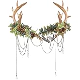 MOSTORY Woodland Fairy Antler Crown - Flower Deer Antler Elf Crown with Tassel for Renaissance Renfaire Women Fantasy Cosplay