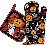 Arquiel Halloween Pumpkin Oven Mitts and Pot Holders Sets 2Pcs, 100% Cotton Heat Resistant, Extra Long Oven Gloves Potholder for Kitchen Cooking Baking Decoration