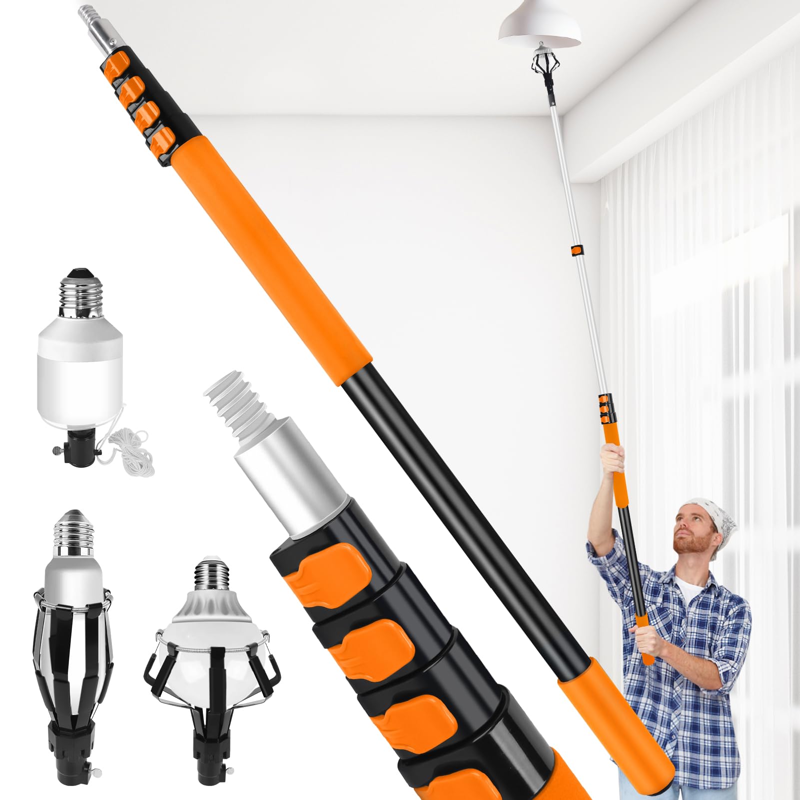 Photo 1 of Light Bulb Changer,26FT Reach Light Bulb Changer for High Ceilings with 5-20FT Telescopic Extension Pole,High Reach Light Bulb Changer with Basket and Suction Cup for High Ceilings and Recessed Lights