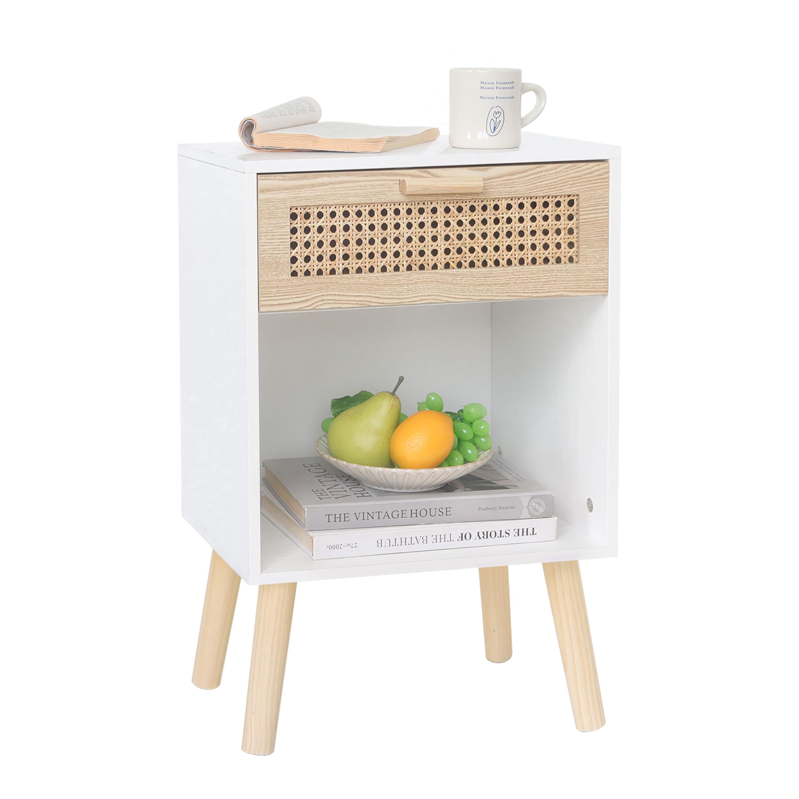 Photo 1 of MaxSmeo White Rattan Nightstand, Modern Nightstand with Rattan Drawer, Modern Wooden Bedside Table with Solid Wood Legs for Bedroom, and Small Spaces (White)