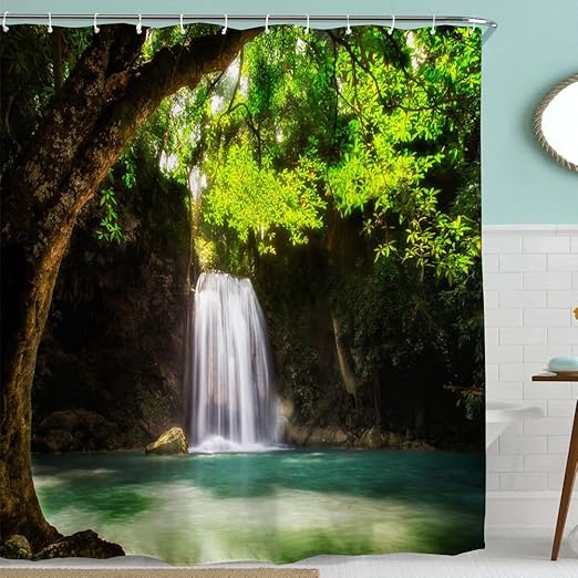 Amazon Com Green Nature Shower Curtain Fabric Spring Tree Forest Waterfall Natural Scenery Decor Bath Curtain Waterproof Polyester Fabric Bathroom Decor Set With Hooks 72x72 Inch Brown Teal Turquoise White Green Kitchen Dining