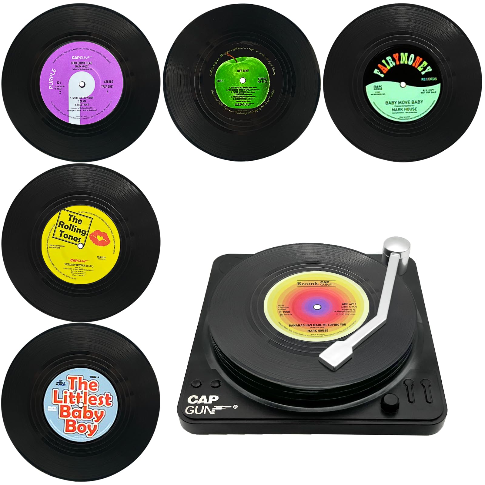 TOTHDATE Set of 6 Vinyl Record Sets with Holder, Round Funny Non-Slip Drinks Coasters Coffee Tea Coasters Novelty for Drinks Bars Cafes Home Pub Themes Parties, Style 1