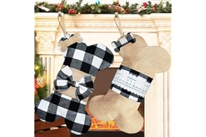 Senneny 2 Pack Pet Dog Christmas Stockings Buffalo Black White Plaid Burlap Large Bone Shape Hanging Christmas Stocking for Dogs Pets