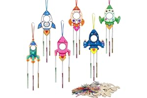 Fennoral 12 Pack Wind Chime Kit for Kids Make Your Own Rockets Wind Chime Craft Wooden Arts and Crafts for Girls Boys Ornaments DIY Coloring Rockets for Birthday Party Christmas Decoration