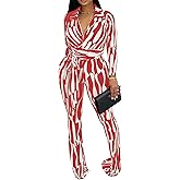 Ophestin Women 2 Piece Outfits V Neck Striped Print Long Sleeve Wrap Top Bodycon Flare Leggings Set Tracksuits Jumpsuit