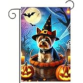 BlissYard Halloween Garden Flag Yorkie Witch Hat Garden Flag Polyester 12x18 Inch Fall Winter Holiday Decor Outdoor Yard, Patio, Farmhouse Decoration No Flagpole