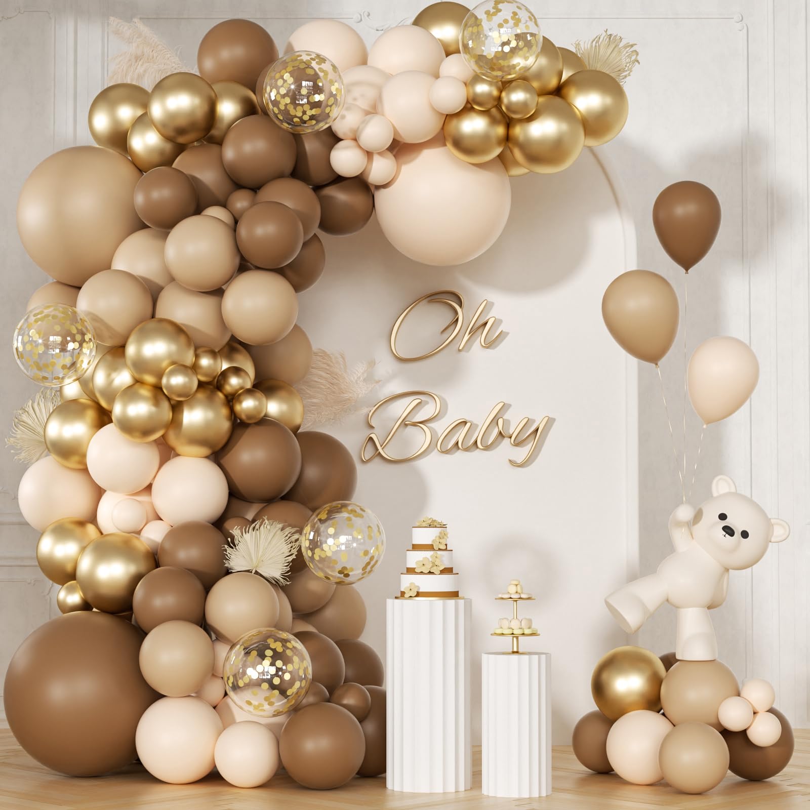 Photo 1 of 147pcs Brown Balloon Arch Garland Kit, Different Sizes with Dark Brown Light Brown Sand White Metallic Gold Balloons for Boho Neutral Birthday Wedding Jungle Bear Baby Shower Decorations