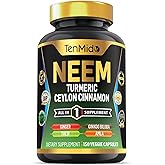 Tenmido Neem Leaf Supplement - 8in1 Formula - Combine with Turmeric, Ceylon Cinnamon, Ginger, Tulsi, Ginkgo Biloba, Amla, and Black Pepper - Immune Health Support - 150 Vegan Capsules