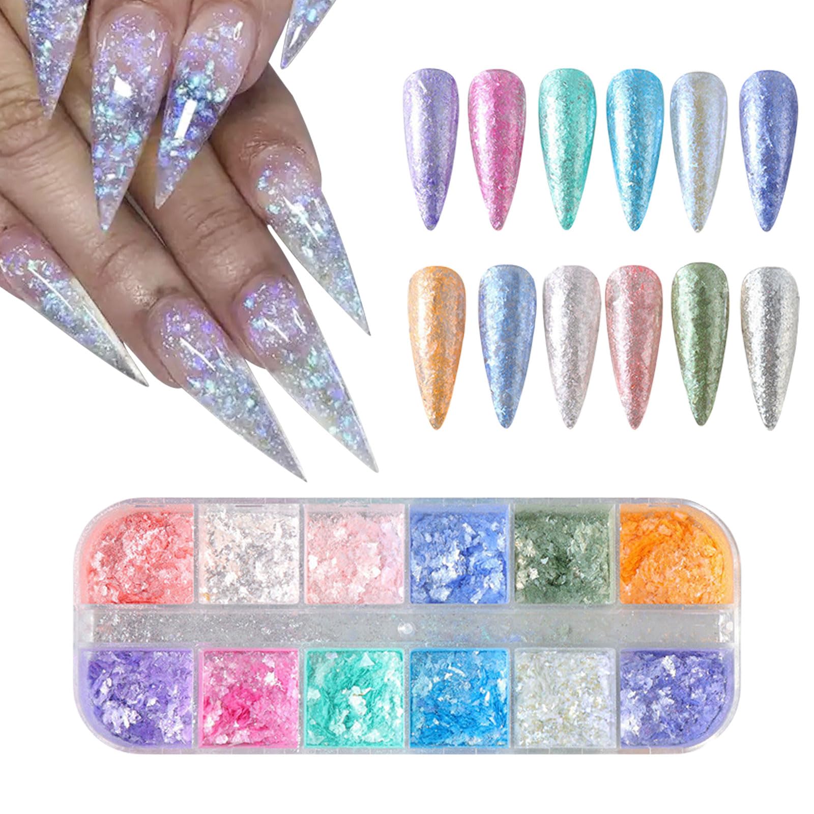 Holographic Nail Glitter,1Boxes 12Grids Opal Nail Flakes Aurora Iridescent Irregular Paillettes,Mermaid Bright Colorful Ice Foil Nail Sequins for DIY Nail Art Decoration Shining Flakes
