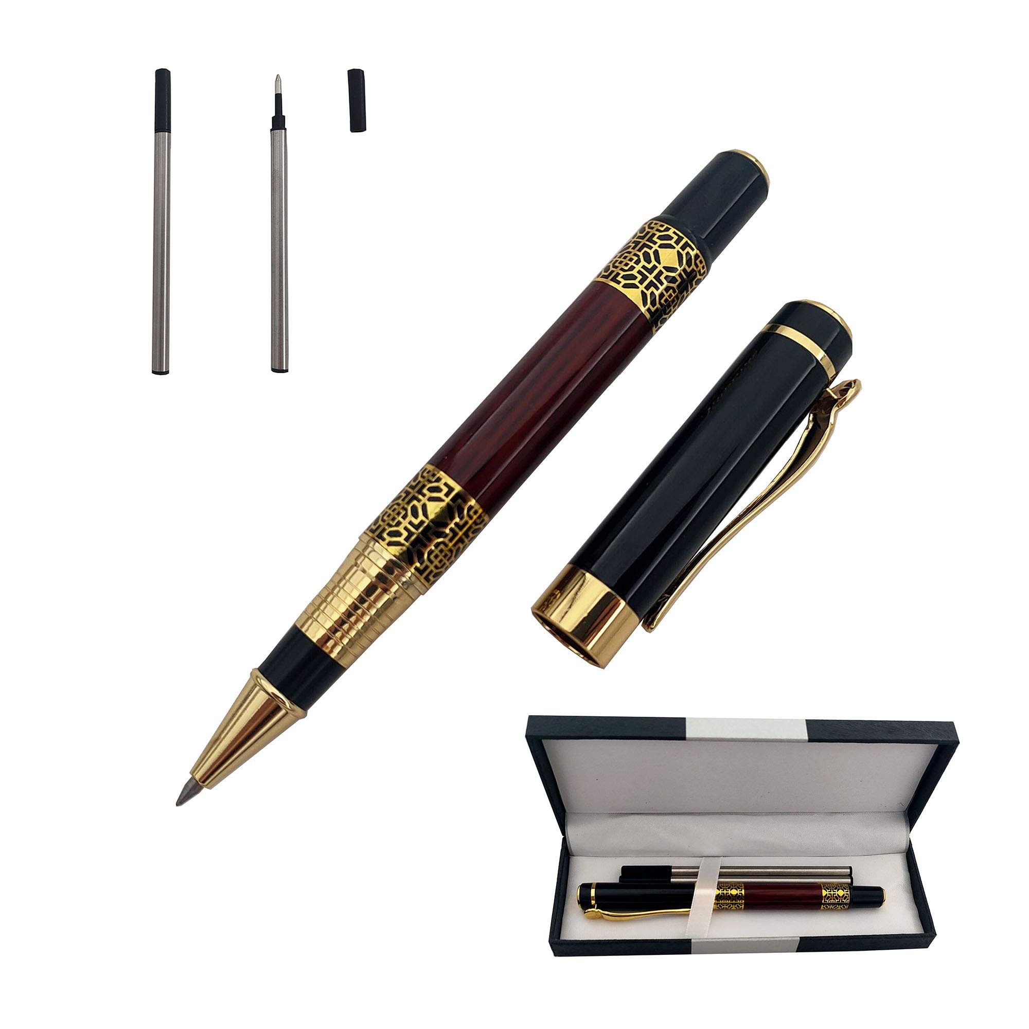 Accod Comfortable Grip Metal Rollerball Pen - Business & Signature Pen with Fluent Writing, 2x 0.5mm Black Refills, Premium Gift Box (Black & Red)