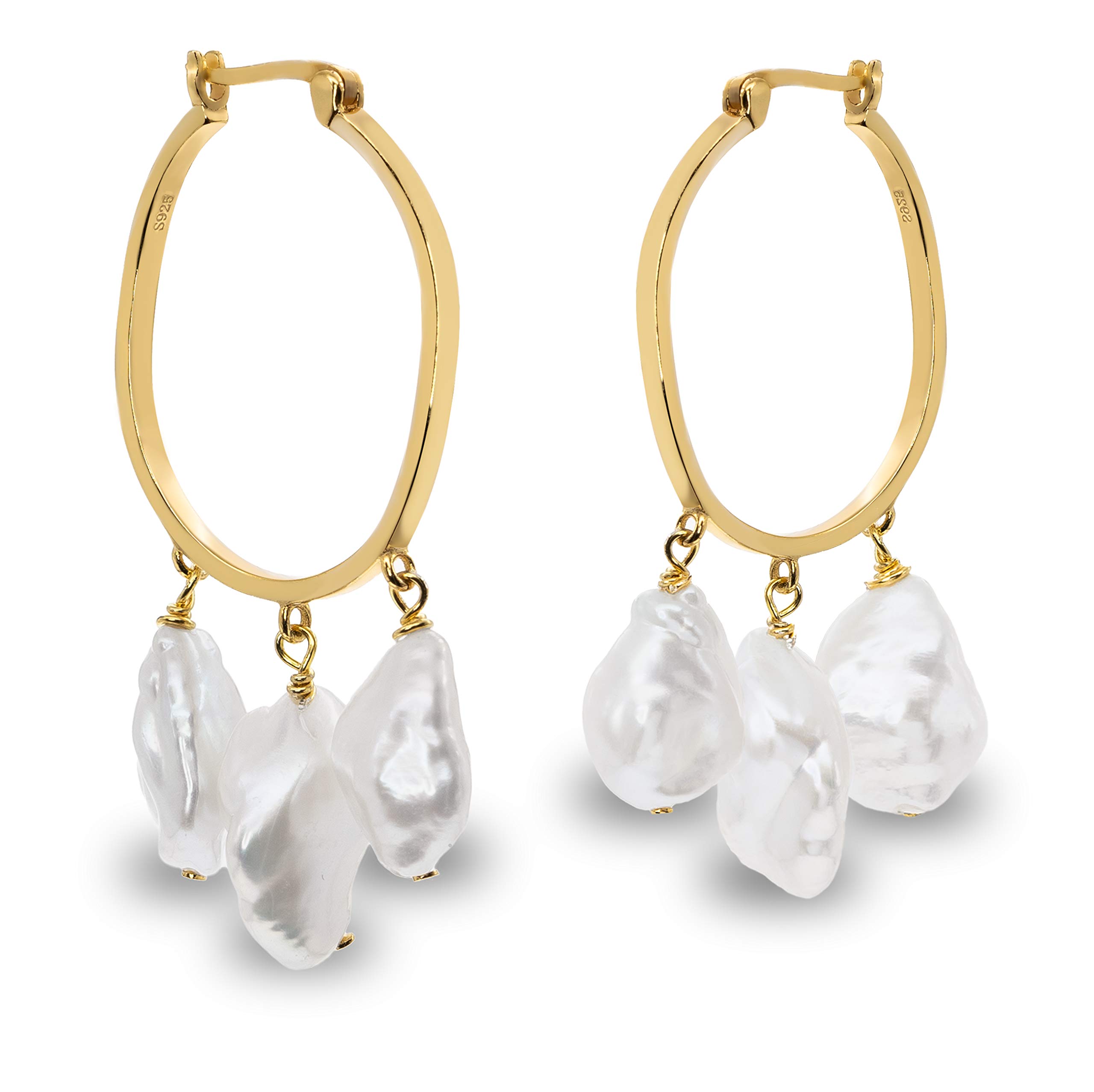 Women Pearl Earrings Freshwater Cultured Pearls | Three Keshi Baroque Pearls 9,00-10,00 mm and 11-12 mm by Secret & You | 18k Gold Plated 925 Sterling Silver.