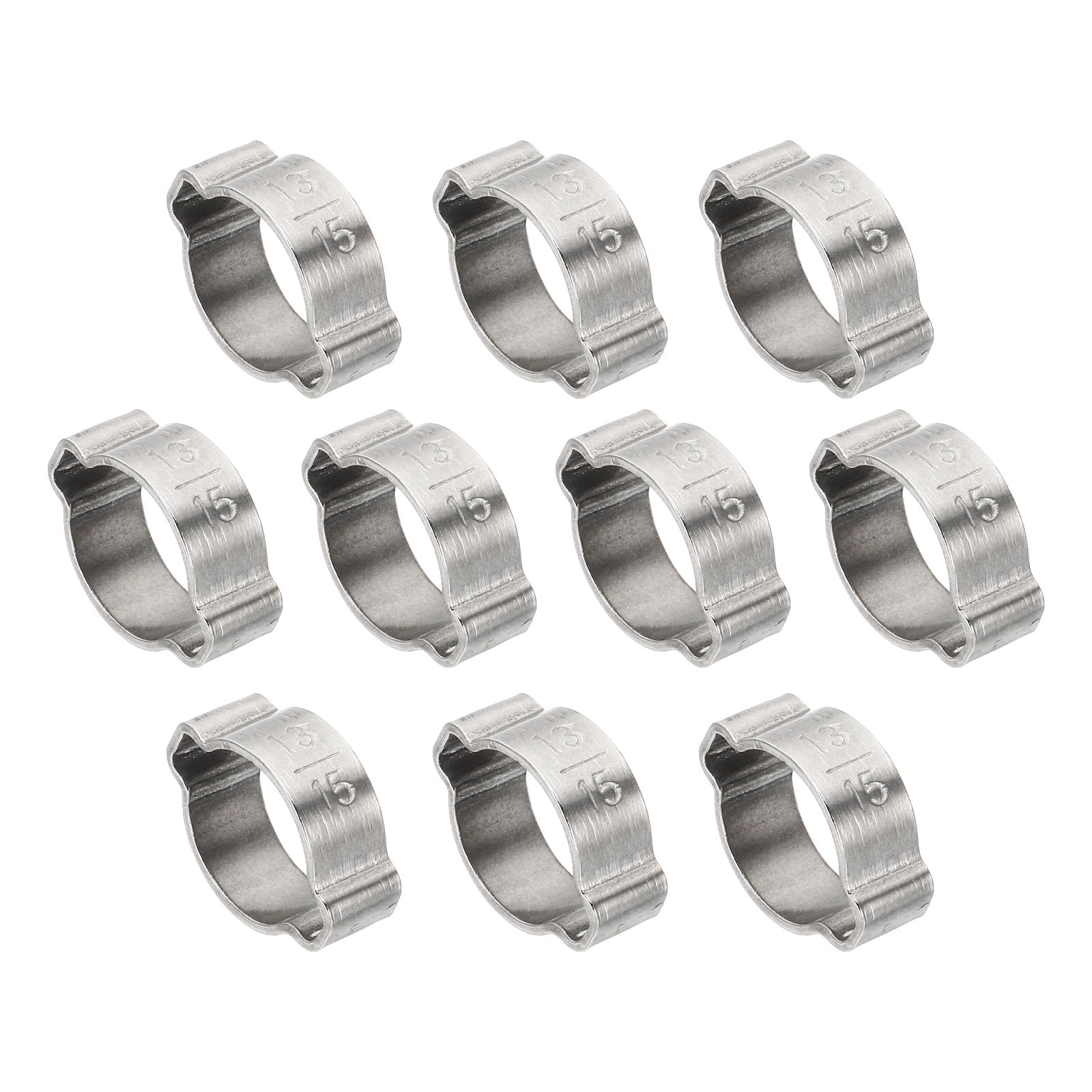 PATIKIL 10 Pack 13-15mm Double Ear Hose Clamp, 304 Stainless Steel O Clip Crimp Rings for Fuel Petrol Pipe Tube Fitting Connections, Silver Tone