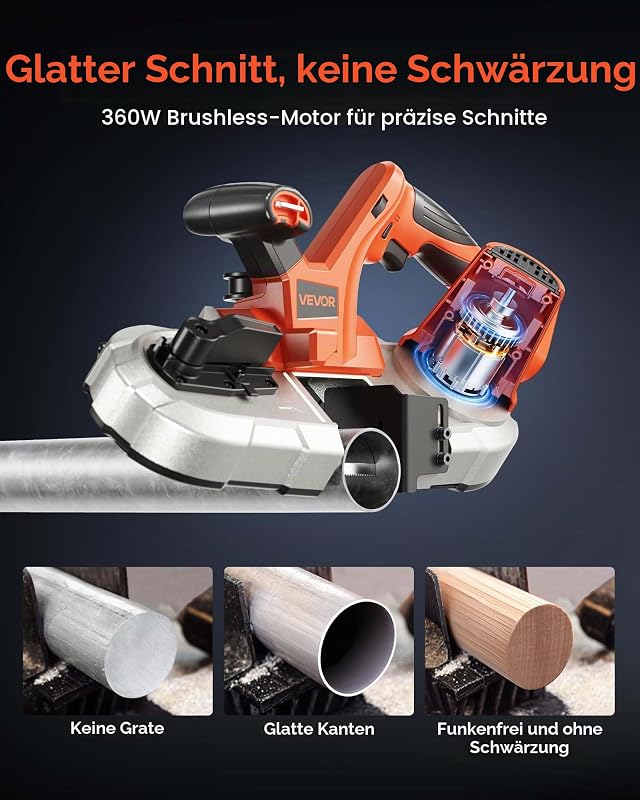 20 V Akku Bandsäge, 65 mm Schnitttiefe, mit bürstenlosem Motor, kabelloses & kompaktes Portaband, Aufhängehaken, 0–192 m/min variable Drehzahl, zum Schneiden von Metall, Holz (nur Werkzeug)