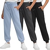 LessonZoo 3 Pack Girl's Sweatpant Active Joggers Athletic Casual Drawstring Tapered Pants Kids with Pockets