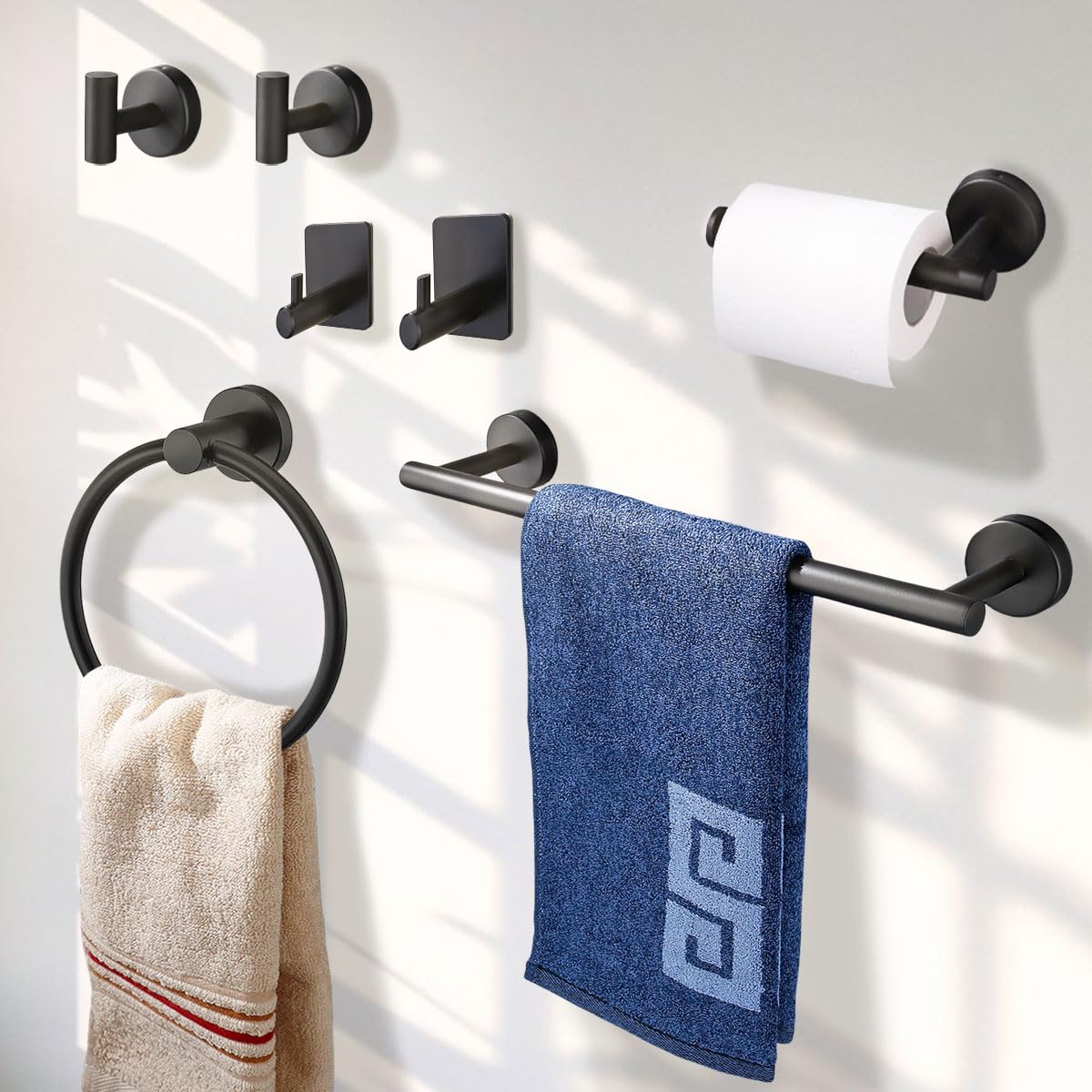 Betadistor Towel Rail Wall Mounted, 7 Pieces Bathroom Accessories Set, 16" Towels Rail, 1 Toilet Roll Holder, 1 Hook Towel Ring with 2 Robe Hooks and 2 Mini Towel Rails, Black, 140704