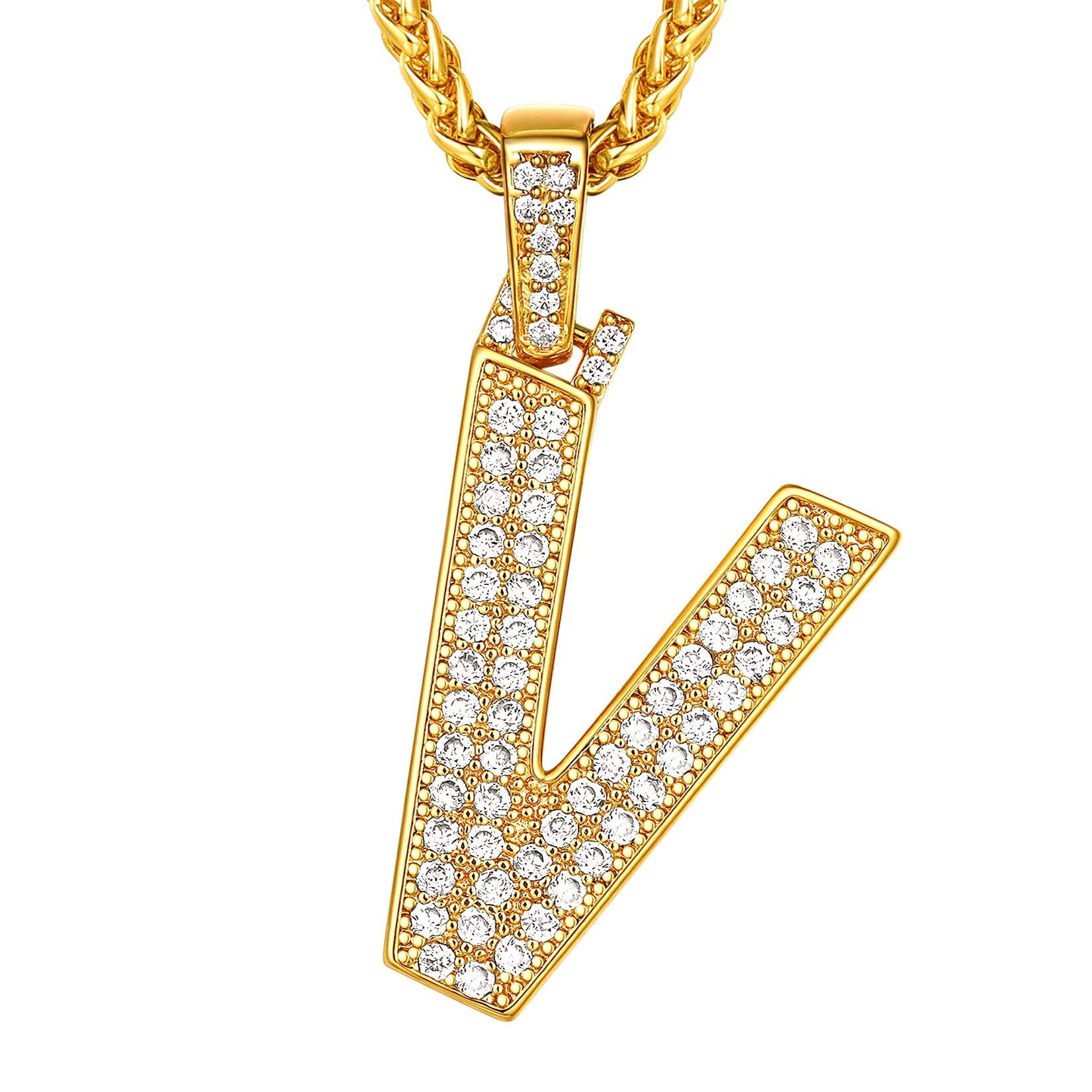 Suplight Fully Necklace Initial V, Bling Hip Hop Jewelry, Gold Plated Micro Pave Cubic Zirconia A-Z Alphabet Letter Pendant Necklace for Men Boys