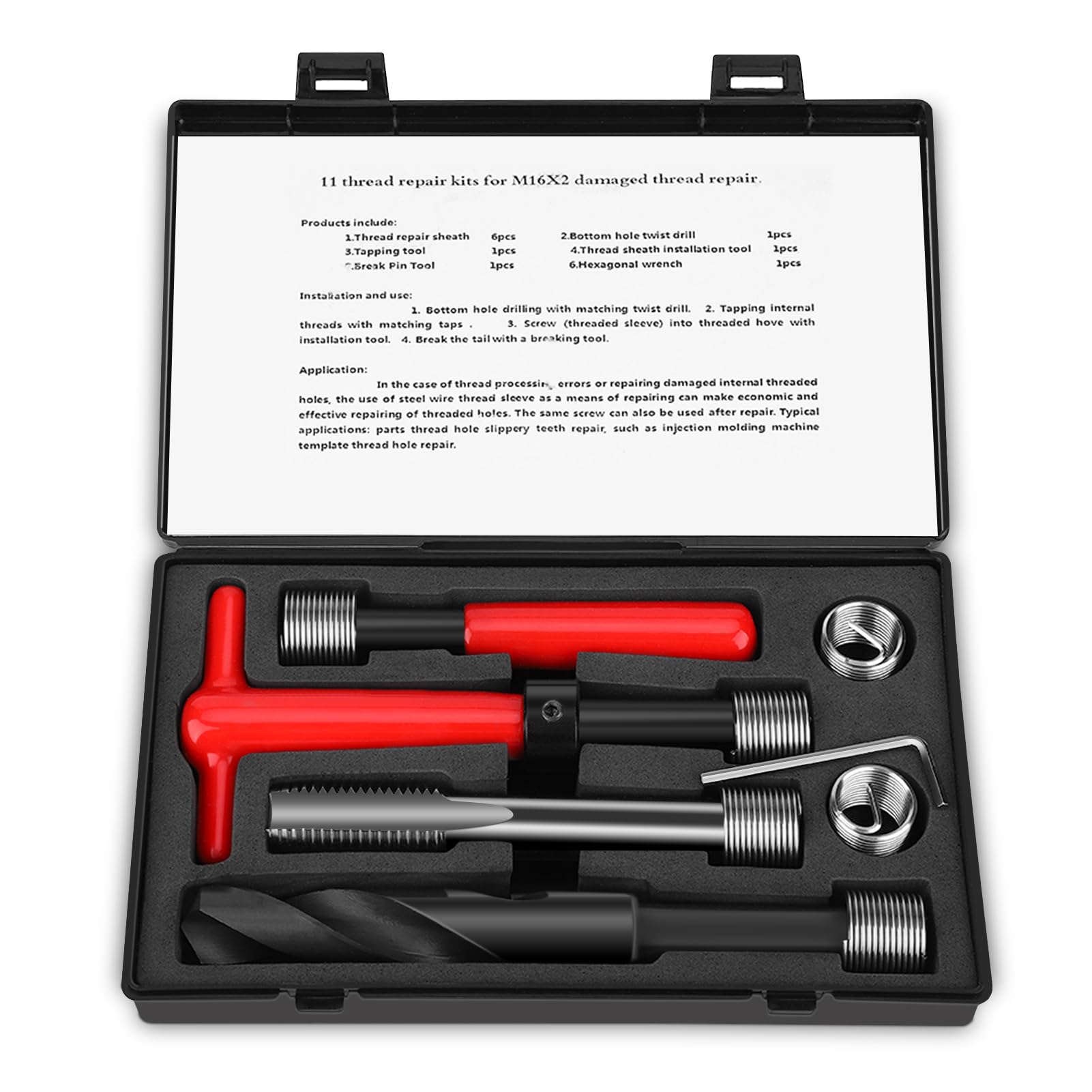 M16x2 Stainless Steel Twisted Drill Tap Wrench, 11pcs Thread Repair Kit Threaded Insert Tool for Thread Repairing