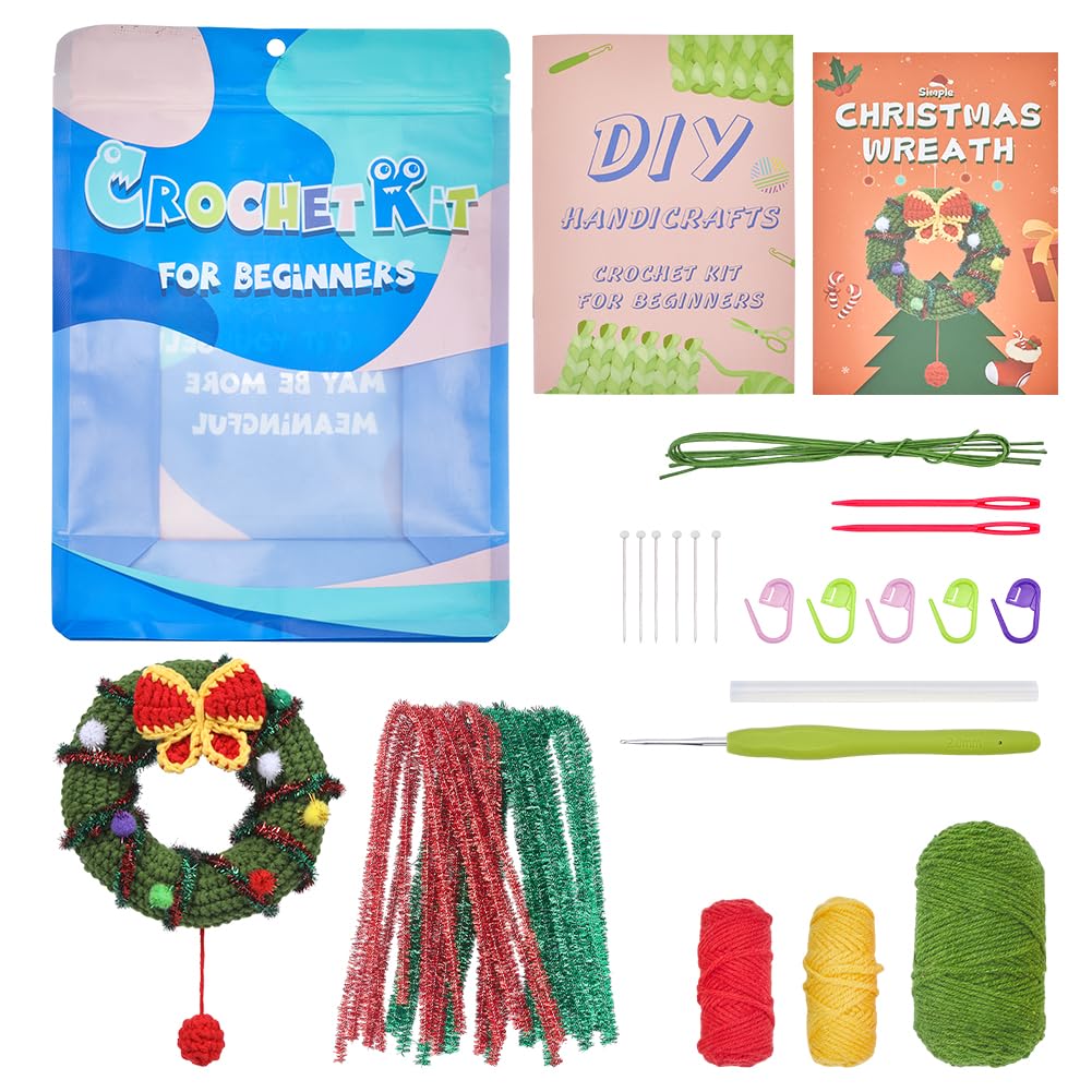 SUNNYCLUE 1 Box Christmas Crochet Kits Xmas Amigurumi Kit Cute Wreath Crocheting Complete Beginner Starter Step-By-Step Video Tutorial Learn to Stitch Crochet Knitting Kit for Adult Starters Beginners