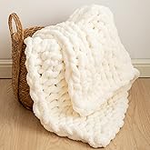 WESHIONGOO Chunky Knit Blanket Throw 40"×40" Knitted Throw Blankets for Couch Bed Fluffy Soft Blanket with Jumbo Chenille Yarn Thick 100% Handmade (Cream White)