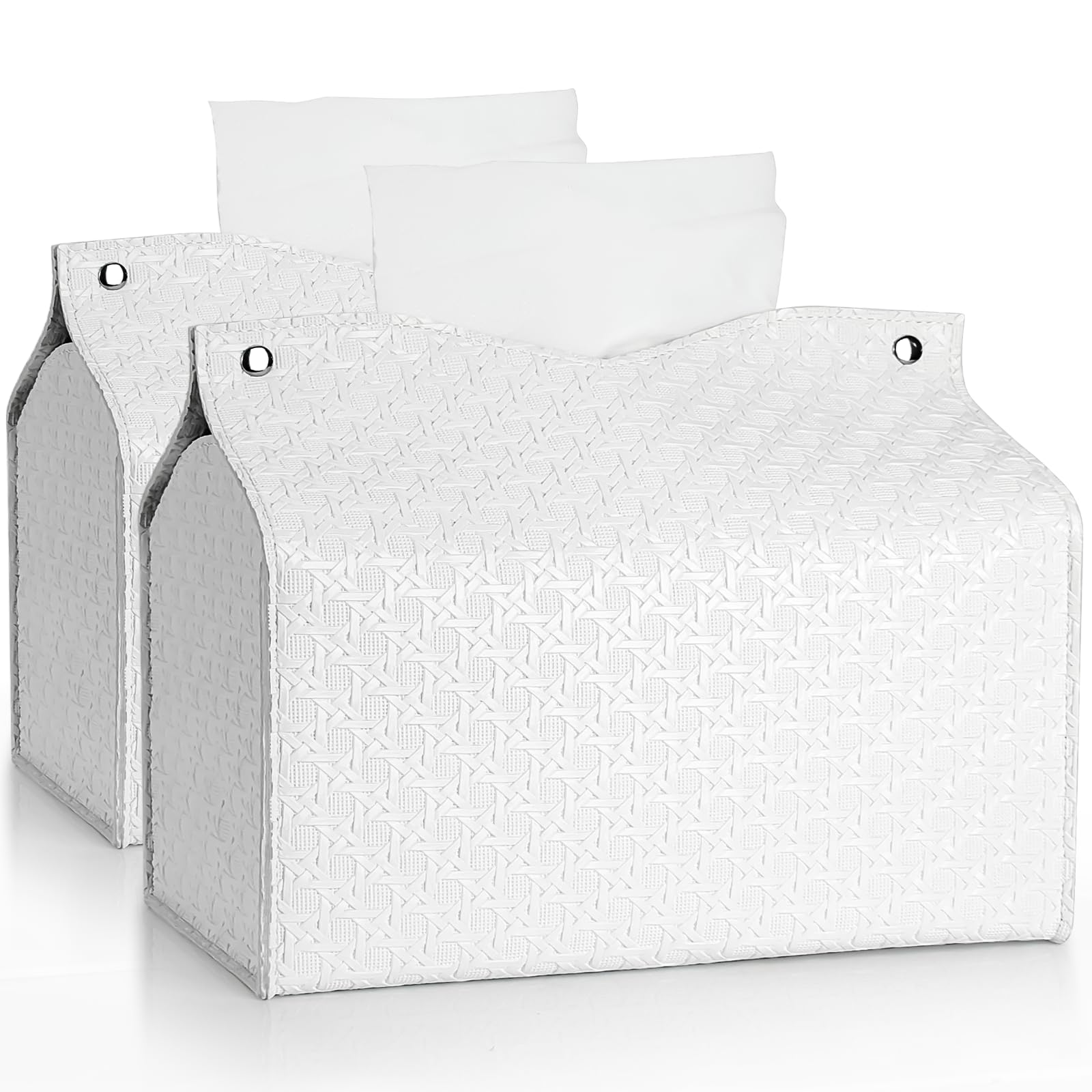 2Pcs Tissue Box Cover Holder Rectangular Modern PU Leather Tissue Box Holder, Decorative Holder Organizer for Bathroom Vanity Countertop, Car, Night Stands, Office 9.5"X5"X5"(Pure White)