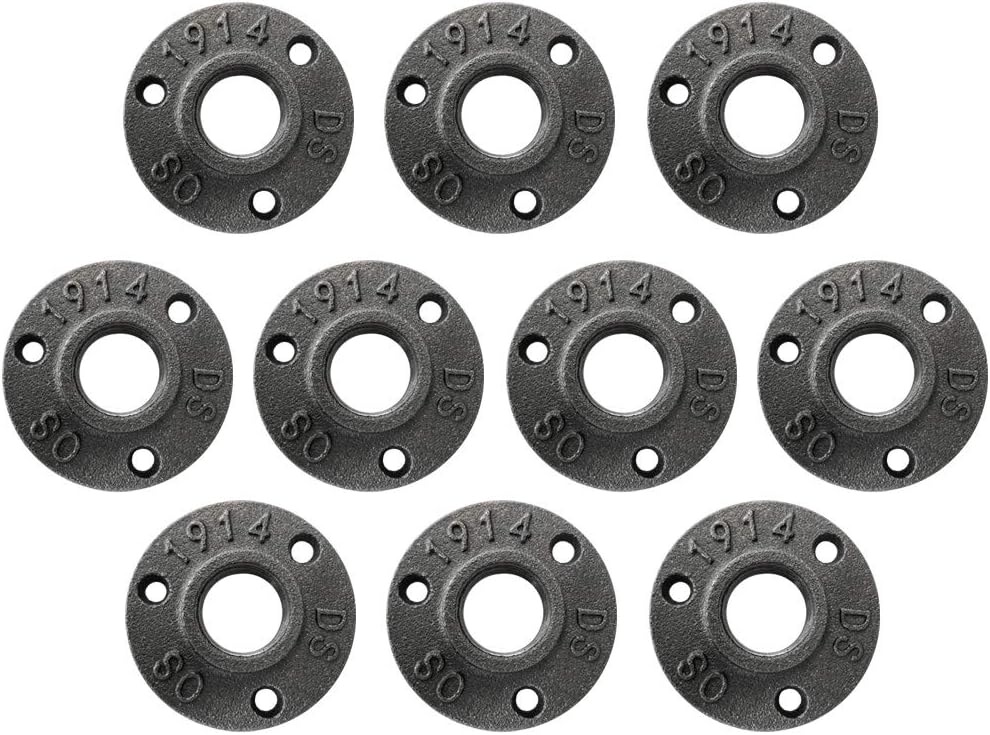 IBEUTES 3/4 Inch Flange 10pcs Dark Grey Malleable Thread Iron Floor Flange- Threaded Pipe Nipples For DIY Decor Or Industrial Vintage Style.
