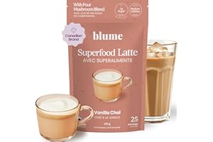 Blume Superfoods Latte - Vanilla Chai Blend with Organic Black Tea, Cardamon, Cinnamon, Low-Caffeine, Low-Sugar, Vegan, Mushr