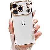 ZTOFERA Designed for iPhone 17 Pro Case 6.3 inch,Cute Plating Edge Love Hearts Pattern with Camera Lens Protection Phone Cover for Girls Women,White