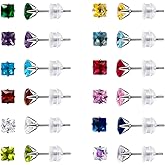 12 Pairs Stainless Steel Stud Earrings for Women, Princess Cut Square Cubic Zirconia Stud Earrings, Birthstone Earrings Stud Set