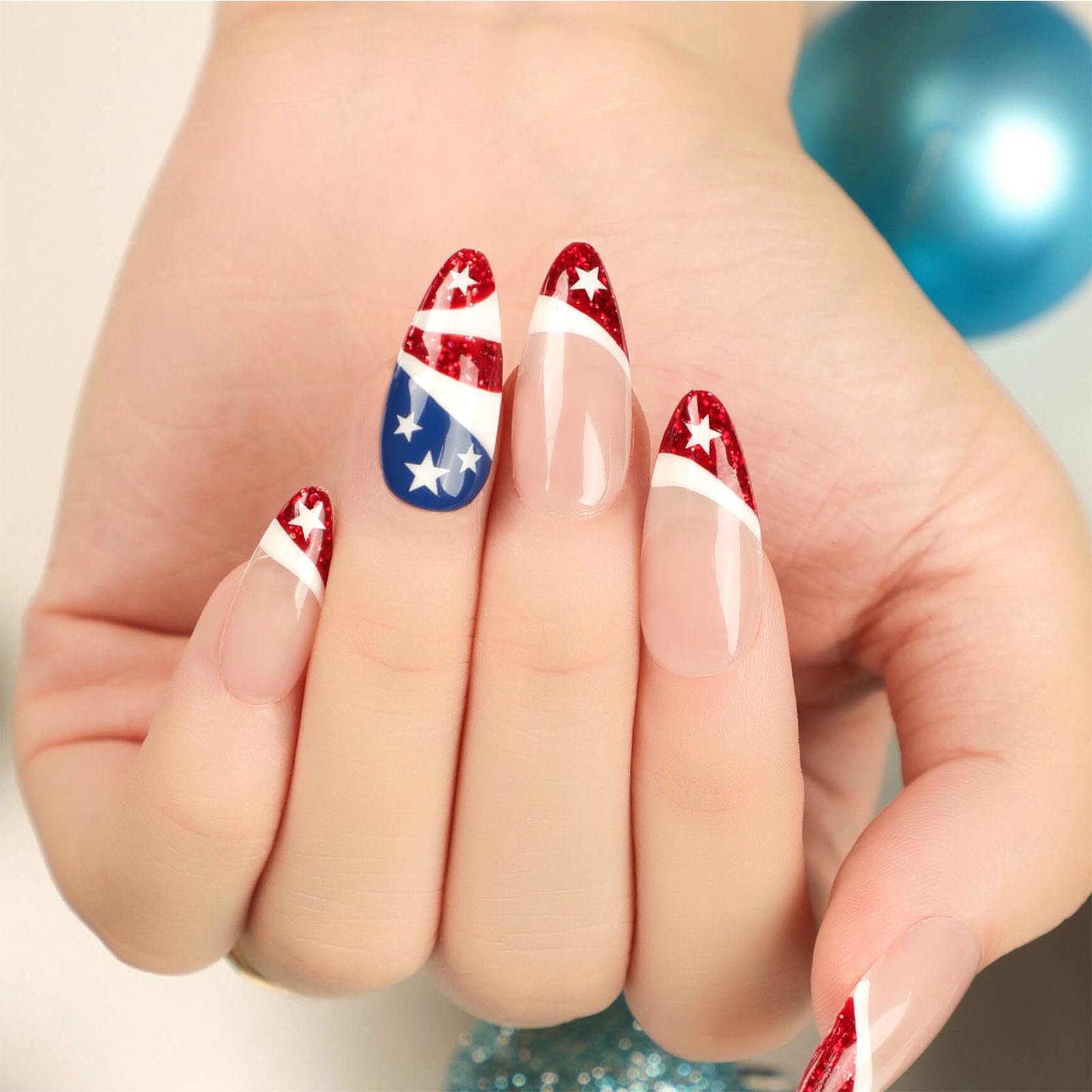 Photo 1 of 4th of July Press on Nails Medium Almond Fake Nails with American Flag Designs Red French Independence Day Glue on Nails Press ons Independence Day False Nails Stick on Nails for Women 24 Pcs